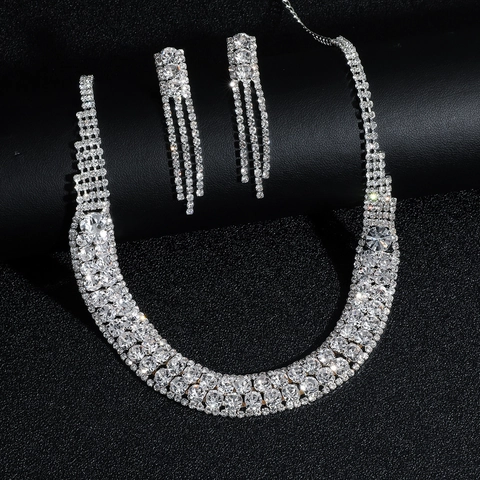 Lujoso Collar De Diamantes De Imitación Brillantes Y Pendientes De Borla Novia Boda Baile Formal Base Cobre Color Plata Mujer