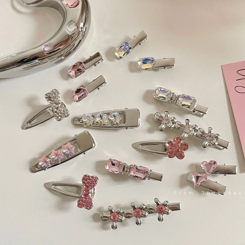 Pink Heart Rhinestone Hair Clip Metal Alloy Sweet Cool Y2K Girl Side Bangs Barrette Butterfly Star Flower Accessories