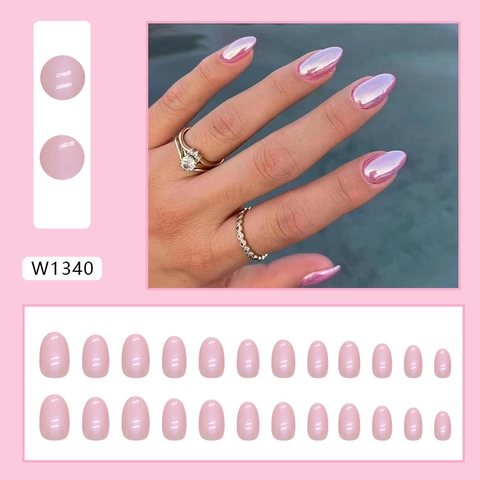 Short Oval Press On Nails Chrome Aurora Pink Glossy Manicure For Women Fashion Style
