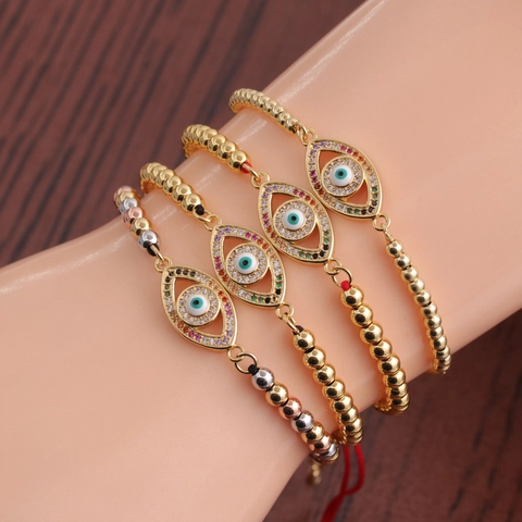 Pulsera De Mal De Ojo Cobre Circonita Cúbica Artesanal Étnica Trenzada Cordón Ajustable Joyas Para Hombres Mujeres