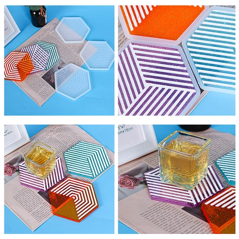 Zeshoekige Siliconen Vorm Geometrische Streeptextuur DIY Hars Epoxy Ambachtelijk Gereedschap Voor Maken Van Onderzetters
