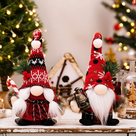 Statuetta Gnomo Di Natale Bambola Senza Volto Cappello Maglia Ornamento Peluche Con Lanterna E Bastoncino Zucchero Tavolo