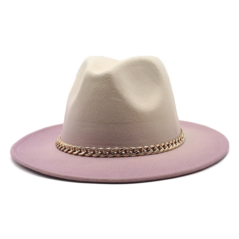 Fedora Hat Gradient Color Felt With Golden Chain Fashionable Jazz Style For Men And Women