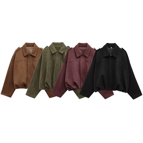 Women Suede Pilot Jacket Batwing Sleeve Zipper Lapel Cropped Oversized Vintage Streetwear Solid Outerwear