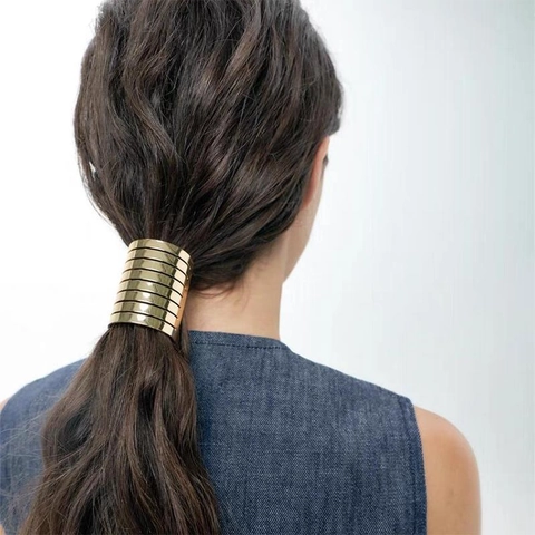 Minimalist Wide Metal Striped Ponytail Holder Hair Tie Cylindrical Elastic Hair Band Accessory For Women Girls
