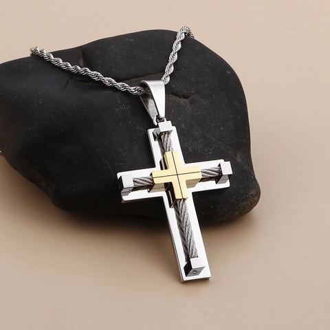 Collar De Cruz Para Hombre De Acero Inoxidable Con Textura De Cable De Acero Joyería Religiosa