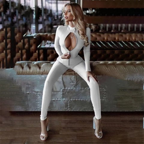 Women Long Sleeve Jumpsuit Front Zipper Stand Collar Functional Buttons Slim Fit Solid Color Polyester Spandex Sexy Casual