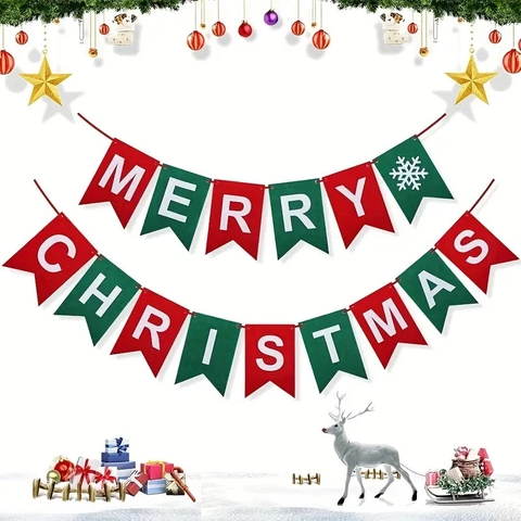 Bannière De Noël Merry Christmas Guirlande Feutre Flocon De Neige Décoration Suspendue Maison Fête Rouge Vert