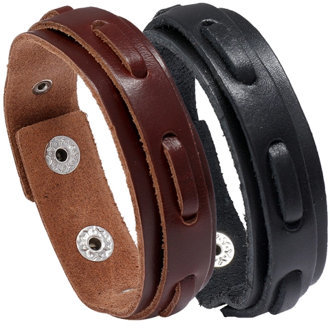 Vintage Multi-Layer Genuine Leather Cuff Bracelet Punk Wide Handband With Adjustable Metal Snap Buttons For Men