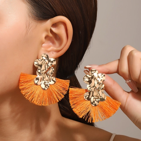 Bohemian Fan Shaped Tassel Earrings For Women Alloy Flower Statement Drop Earrings Jewelry Vintage Style Party Accessories