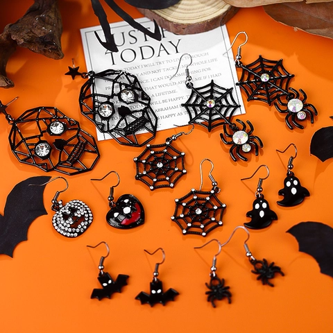 Orecchini Halloween Lega Cristallo Ragnatela Fantasma Teschio Pipistrello Zucca Gatto Con Perno In Argento Sterling 925
