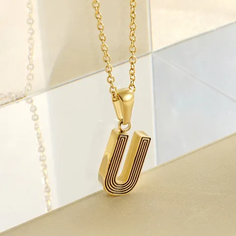 Collar Con Colgante De Letra Alfabeto Acero Inoxidable Oro De 18K Minimalista Patrón Líneas Negras Joyería Mujer