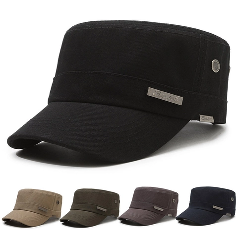 Men Cadet Cap Flat Top Hat Cotton Canvas Solid Color Adjustable Outdoor Casual Military Style Sport Metal Decor
