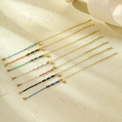 Pulsera De Cuentas De Acero Inoxidable Hecha A Mano Piedra Natural Cuadrada Geométrica Colgante Sol Chapado Oro 18K Mujer Ajustable