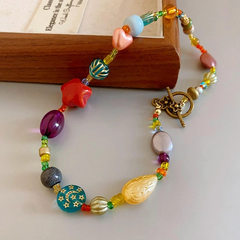 Collana Di Perle Colorate Vintage Con Fiore In Ceramica Ciondolo Cuore Resina Gioielli Bohémien Da Donna