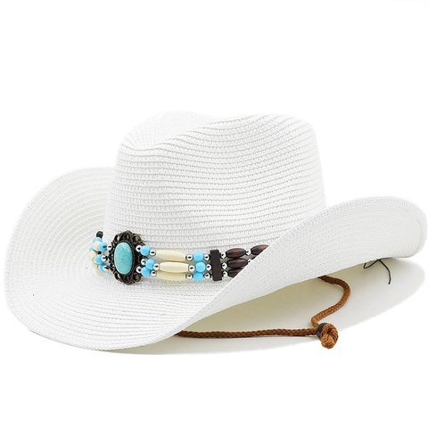 Damen Western-Cowboyhut Stroh Ethno-Stil Breite Krempe Sonnenschutz Strandhut Mit Türkisschmuck Verzierung