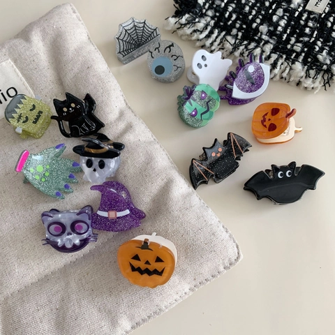 Halloween Funny Acrylic Hair Claw Clip Small Ghost Pumpkin Black Bat Cartoon Glitter Hair Accessories For Party Women Kids