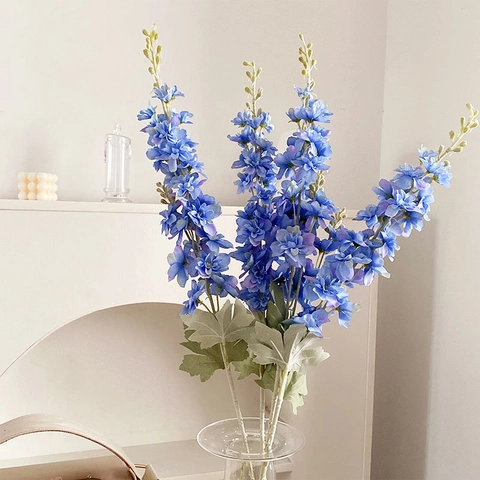 Artificial Delphinium Flower Flocked Satin Cloth Long Stem Faux Branch Wedding Party Home Vase Decoration Realistic Floral