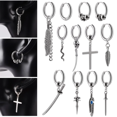 Orecchini A Cerchio Punk In Acciaio Inossidabile Con Pendenti Croce Spada Serpente Teschio Piuma Pugnale Gotico Unisex