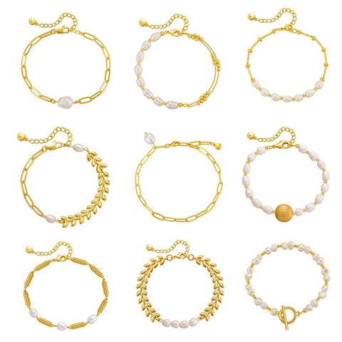Bracelet en Cuivre Plaqué Or 18K Avec Perle d'Eau Douce Pour Femme Élégant Rétro Français Chaîne de Trombone Boucle OT Bijoux Réglables