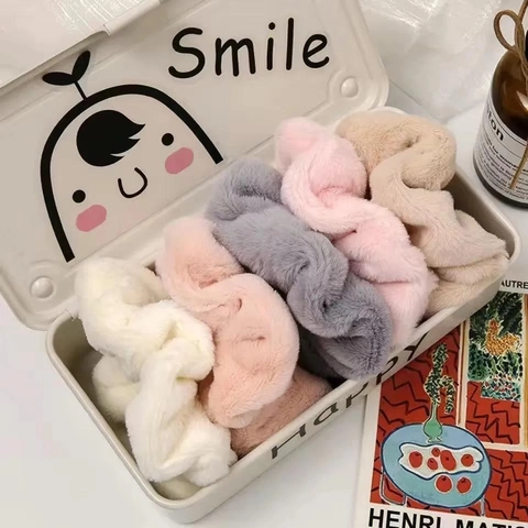 Plush Faux Rabbit Fur Hair Scrunchies Soft Fuzzy Elastic Hair Bands Elegant Solid Color Winter Autumn Ponytail Holder For Women Girls