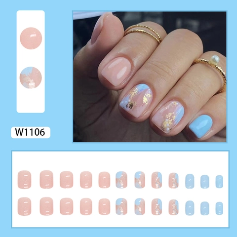 Unghie Finte Corte Quadrate Motivo Marmo Blu Rosa Foglia Oro Manicure Elegante Di Moda Per Donne
