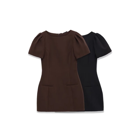 Women Short Sleeve Mini Dress Round Neck Bubble Sleeve Polyester Solid Color Casual Slim Fit Pocketed Fashion