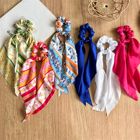 Satijnen Sjaal Scrunchie Met Lang Lint Streamer Elegante Franse Stijl Stof Paardenstaart Houder Haar elastiek Voor Dames