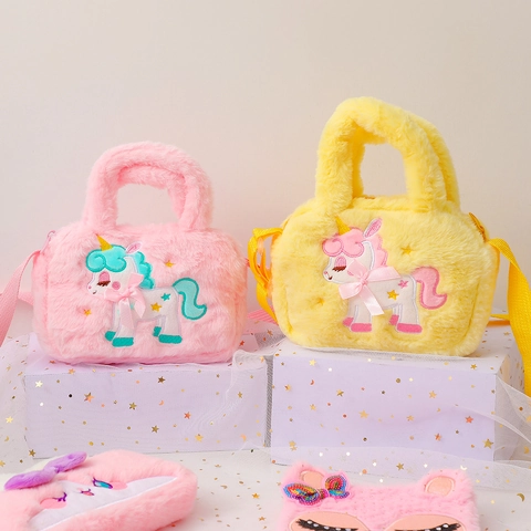 Kids Plush Unicorn Shoulder Bag Rainbow Gradient Embroidery Cute Crossbody Handbag For Girls Fashion Adjustable Strap