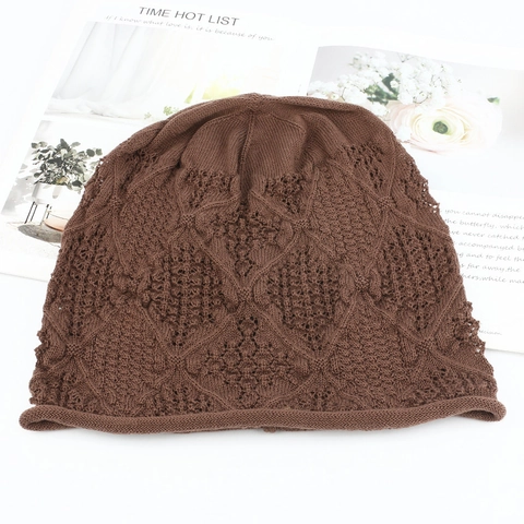 Slouchy Beanie Hat Acrylic Knitted Hollow Pointelle Diamond Pattern Breathable Lightweight Autumn Winter For Women