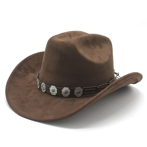 Western Cowboy Hoed Suede Brede Rand Retro Etnische Band Turquoise Vintage Fedora Stijl Voor Dames Heren