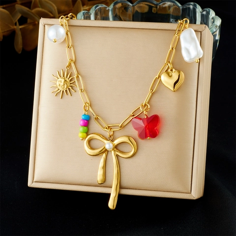 Collar De Acero Inoxidable Chapado En Oro Con Múltiples Colgantes Lazo Mariposa Corazón Perla Artificial Sol Cuentas Coloridas Mujer