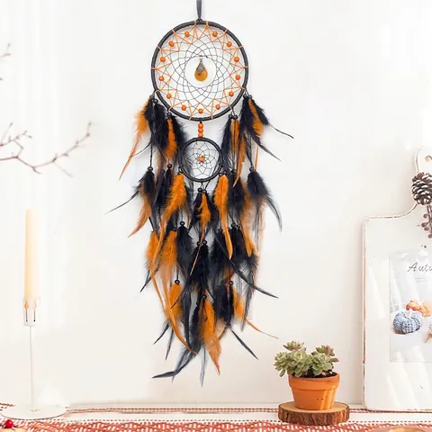 Acchiappasogni Da Parete Doppio Cerchio Fatto A Mano Piuma Perlina Stile Boho Ornamento Decorazione Camera Letto
