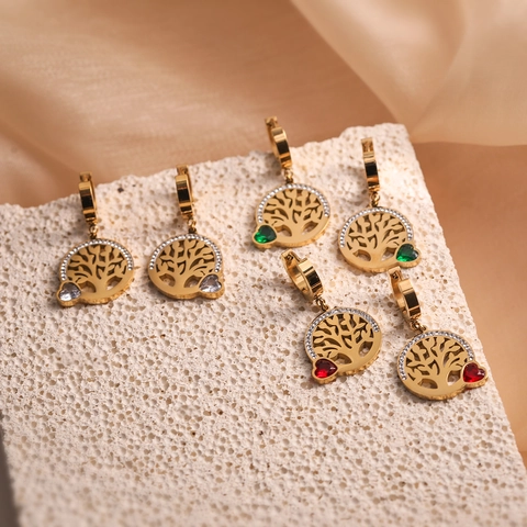 Tree Of Life Hoop Earrings 18K Gold Plated Stainless Steel Heart Cubic Zirconia Hollow Jewelry For Women Commuter