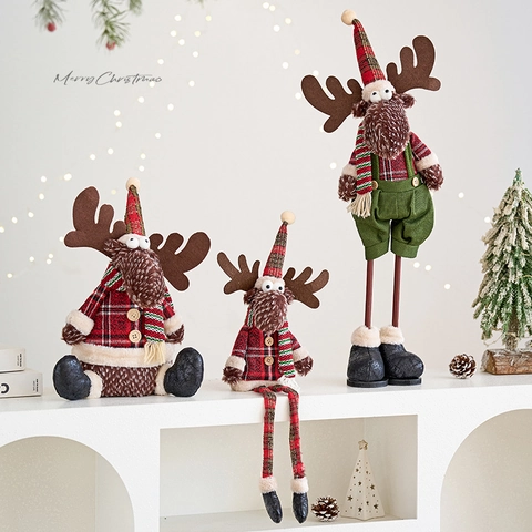 Christmas Reindeer Plush Dolls Plaid Fabric Reindeer Ornaments Desktop Shelf Sitter Holiday Home Decorations