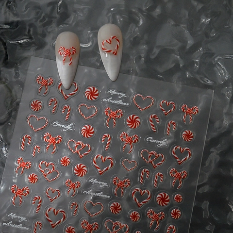 Autocollants Ongles 5D Relief Noël Bonbons Rayures Rouge Blanc Sucre Orge Imperméable Décoration Manucure DIY