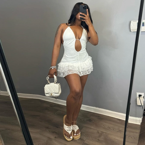 Sexy Dames Kant Halter Mini-Jurk Rugloos V-Hals Gelaagde Ruffles Mouwloos Uitgesneden Cake Rok
