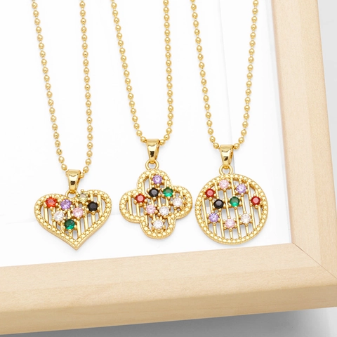 Mode Vergoldet Messing Bunt Zirkonia Anhänger Halskette Für Damen Elegant Herz Kleeblatt Rund Raute Aushöhlen Schmuck