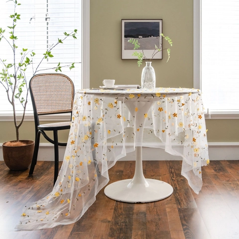 Pastoral Floral Embroidery Mesh Tablecloth Elegant Lace Transparent Table Cover For Home Wedding Dining Party Decoration