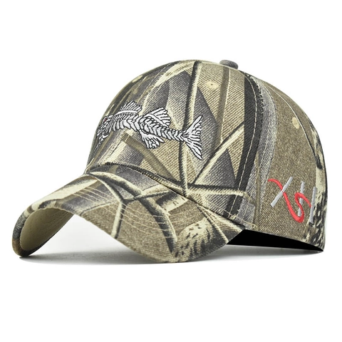 Baseball Cap Cotton 3D Fish Bone Embroidery Camouflage Outdoor Fishing Hiking Adjustable Sun Hat For Men Women