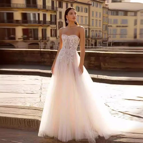 Wedding Dress Women Tube Top Strapless Lace Embroidery Floral Tulle A-Line Floor Length Bridal Gown Ivory Elegant