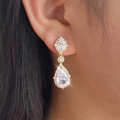 Elegant Copper Zirconia Water Drop Earrings For Women Korean Minimalist Pear Shaped Dangle Earrings For Wedding Party