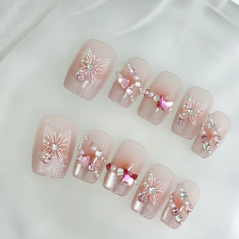 Handgefertigte Press On Nails Rosa Farbverlauf Cat Eye Effekt Schmetterling Strass Künstliche Perle Dekoration Kurz Quadratisch Süßer Stil Damen
