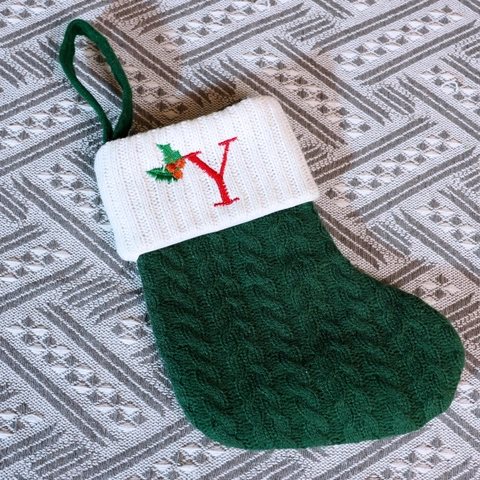 Christmas Stockings Knitted Blended Fabric Letter Embroidery Forest Green White Cable Knit Holiday Hanging Gift Bags