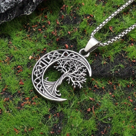 Tree Of Life Crescent Moon Pendant Necklace Stainless Steel Vintage Celtic Knot Wiccan Pagan Jewelry For Unisex