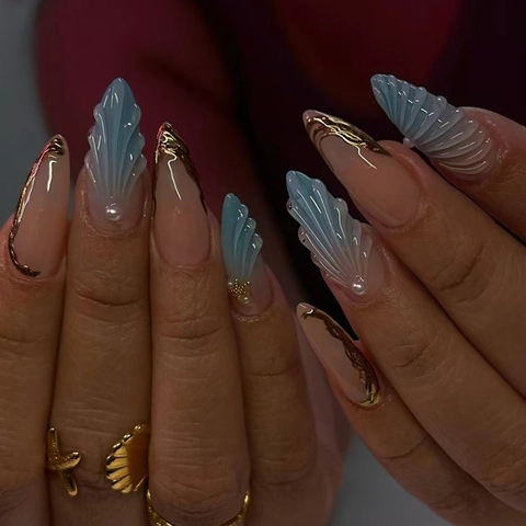Mandelförmige Press On Nails Blau Gradient 3D Muschel Künstliche Perle Seestern Marine Stil Künstliche Fingernägel