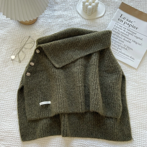 Knitted Neck Warmer Scarf High Collar Turtleneck Dickey With Side Buttons Ribbed Solid Color Winter Warm For Women