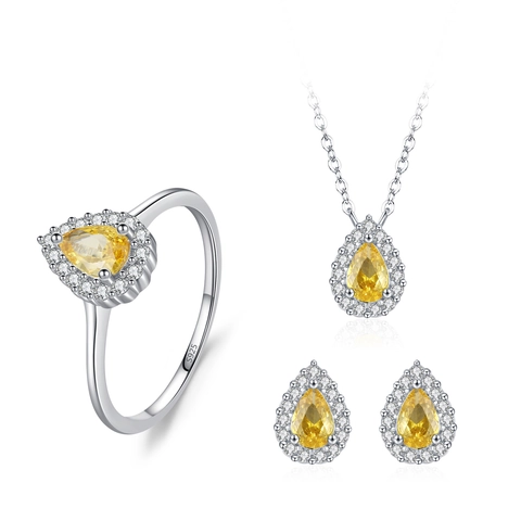 925 Sterlingsilber Gelb Zirkonia Schmuck Halskette Ohrringe Ring Für Damen Birnenschliff Wassertropfen Braut Hochzeit Schmuck