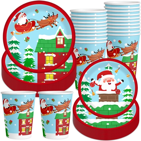 Vaisselle Jetable Noël Assiettes Papier Gobelets Couverts Plastique Père Noël Renne Décorations Fête Festive Dessin Animé