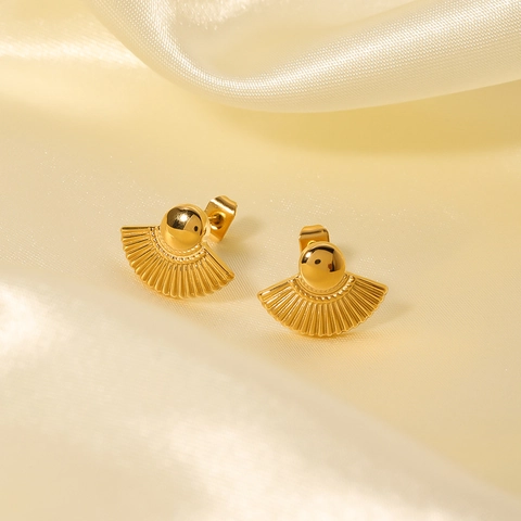 Fan Shaped Stud Earrings 18K Gold Plated Stainless Steel Geometric Linear Texture Minimalist Elegant Jewelry For Women